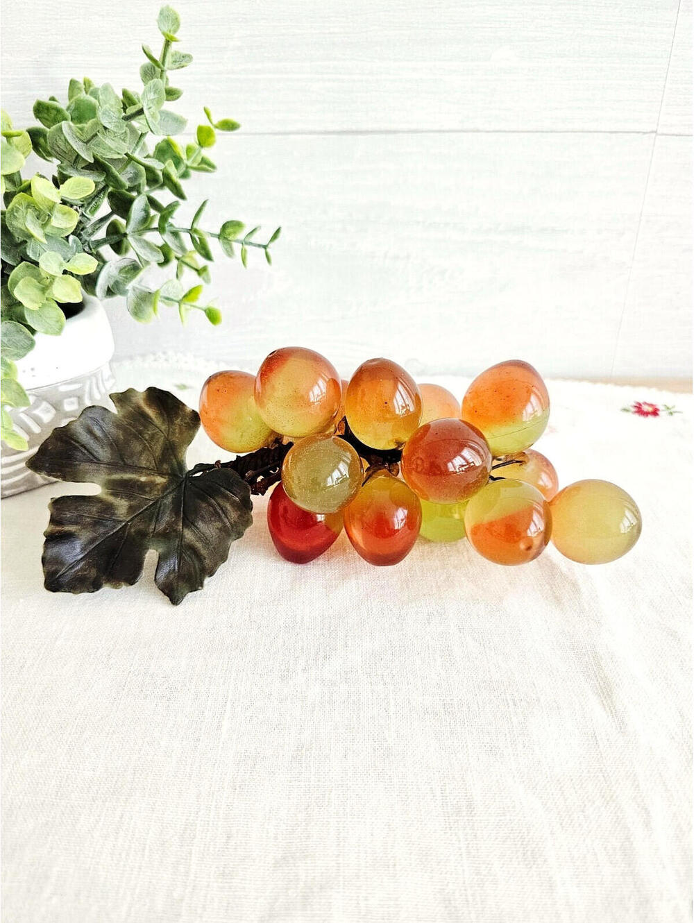 Vintage Lucite Red & Green Ombre Grapes Cluster On Grapevine MCM Decor